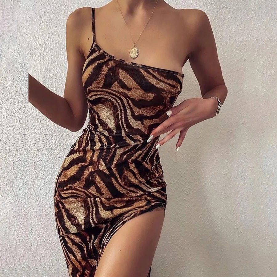 Elegant Leopard Print One Shoulder Backless Elastic Maxi Dress
