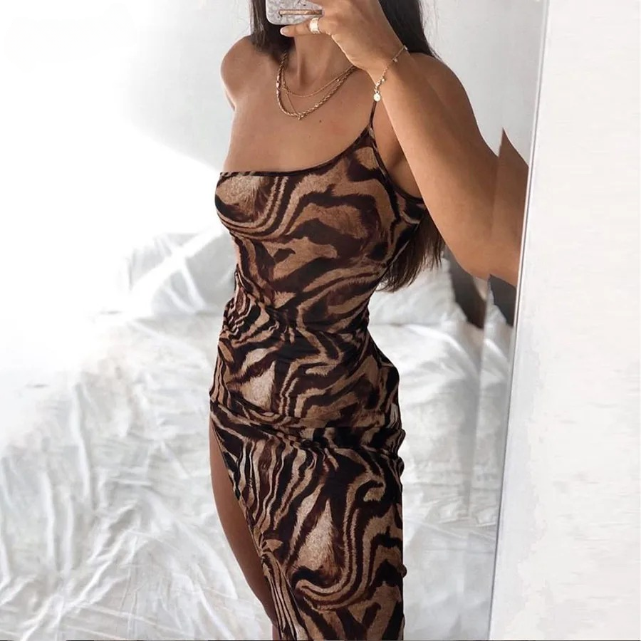 Elegant Leopard Print One Shoulder Backless Elastic Maxi Dress