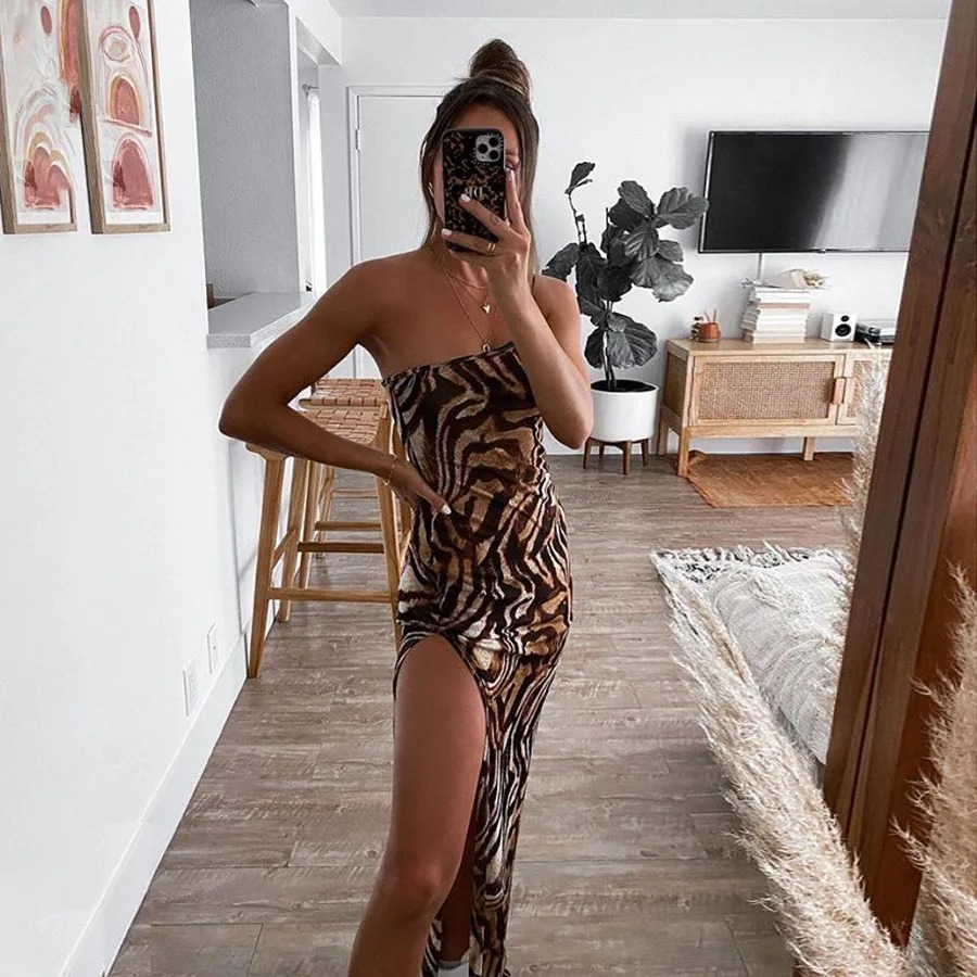 Elegant Leopard Print One Shoulder Backless Elastic Maxi Dress