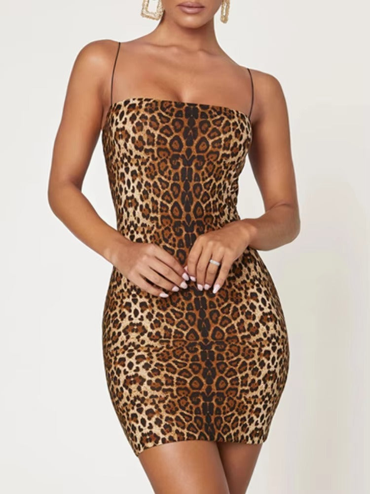 Elegant Leopard Print Spaghetti Strap Slim Skinny Bodycon Mini Dress