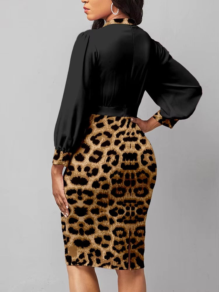 Elegant Leopard Print V Neck Lantern Sleeve A-LINE Office Lady Dresses