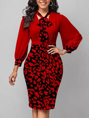 Elegant Leopard Print V Neck Lantern Sleeve A-LINE Office Lady Dresses