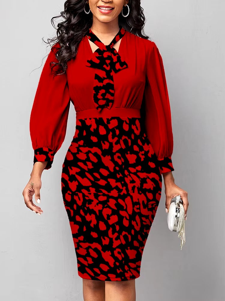Elegant Leopard Print V Neck Lantern Sleeve A-LINE Office Lady Dresses