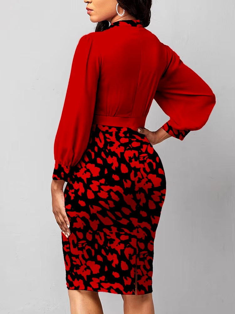 Elegant Leopard Print V Neck Lantern Sleeve A-LINE Office Lady Dresses