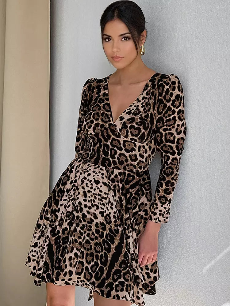 Elegant Leopard Print V-neck Long Sleeves Mini Swing Skater Dress