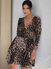 Elegant Leopard Print V-neck Long Sleeves Mini Swing Skater Dress