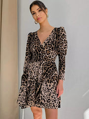 Elegant Leopard Print V-neck Long Sleeves Mini Swing Skater Dress