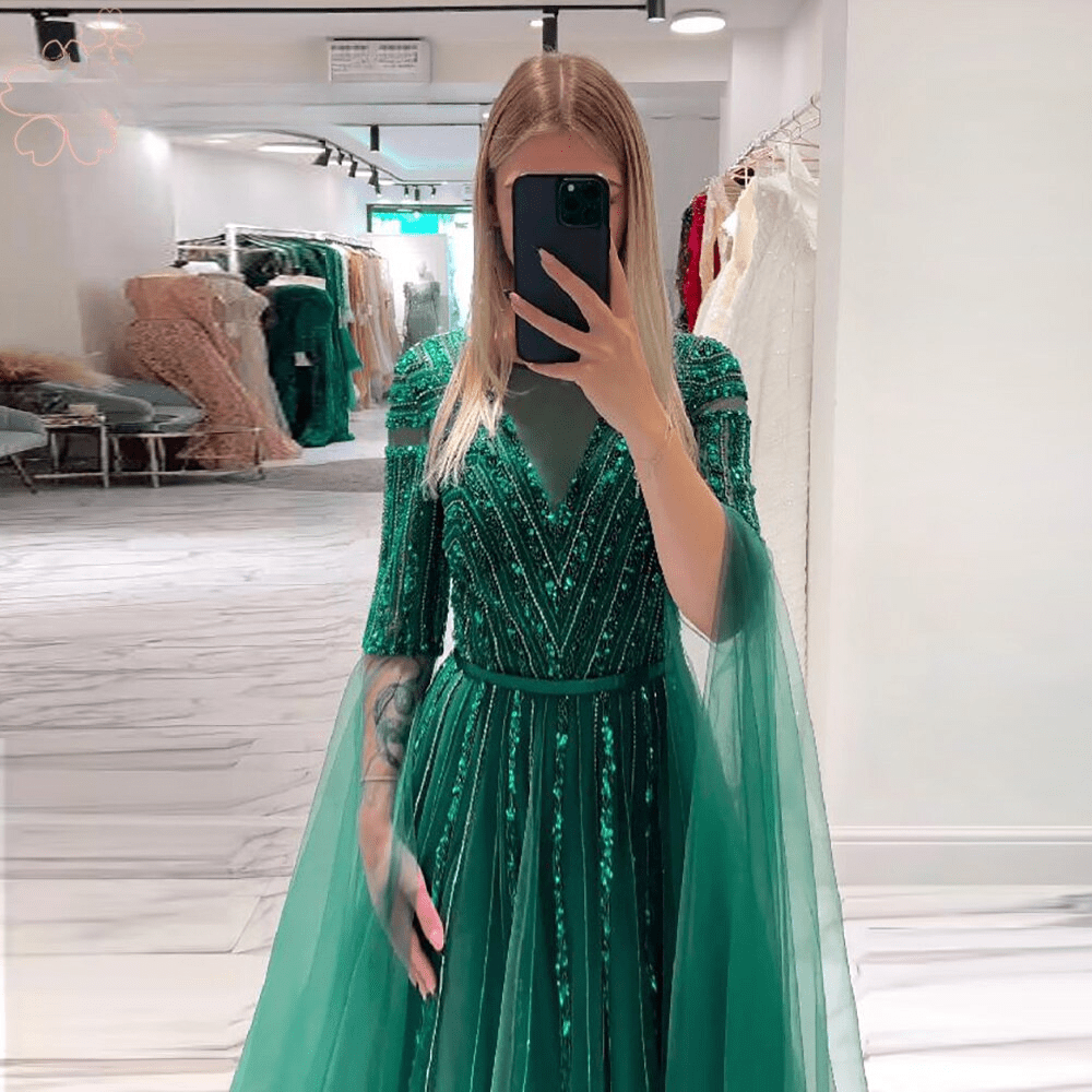 Elegant A Line Beads Sequin Long Cape Sleeves Formal Prom Wedding Party Gowns