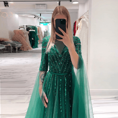 Elegant A Line Beads Sequin Long Cape Sleeves Formal Prom Wedding Party Gowns