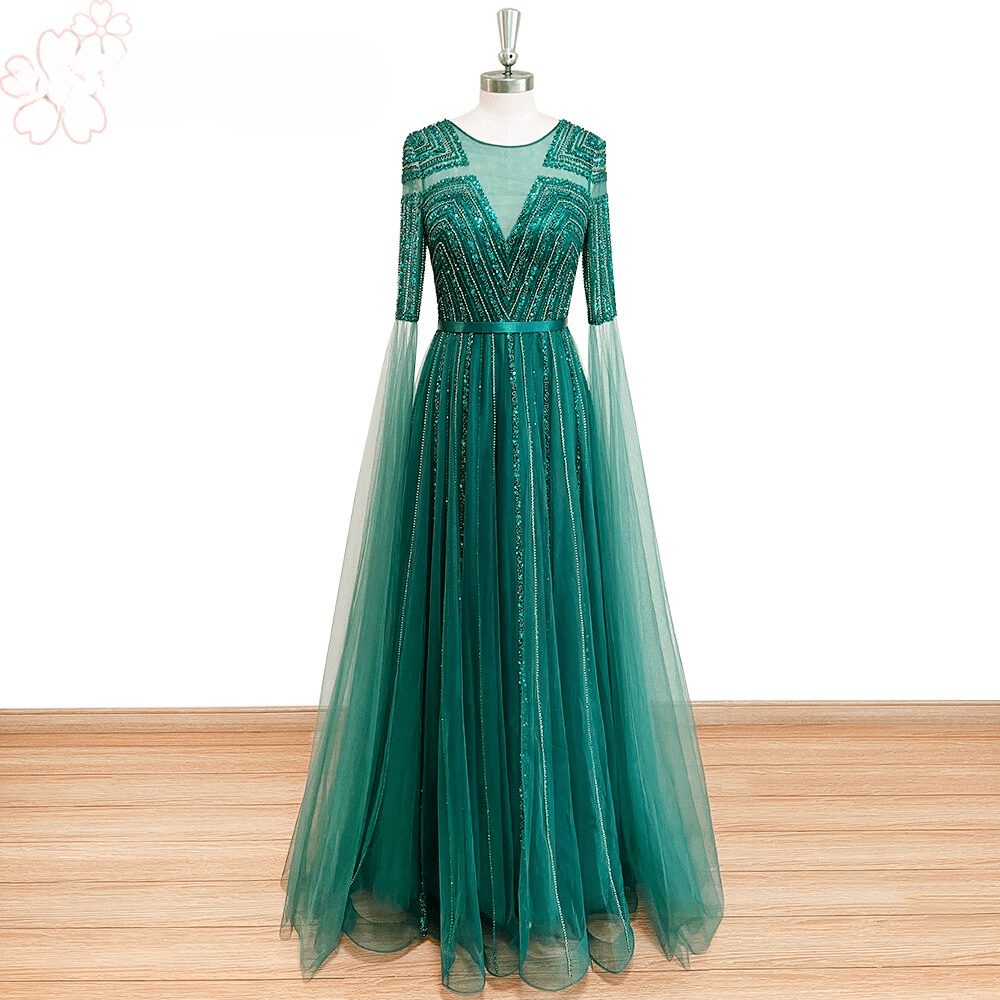 Elegant A Line Beads Sequin Long Cape Sleeves Formal Prom Wedding Party Gowns