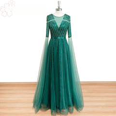 Elegant A Line Beads Sequin Long Cape Sleeves Formal Prom Wedding Party Gowns