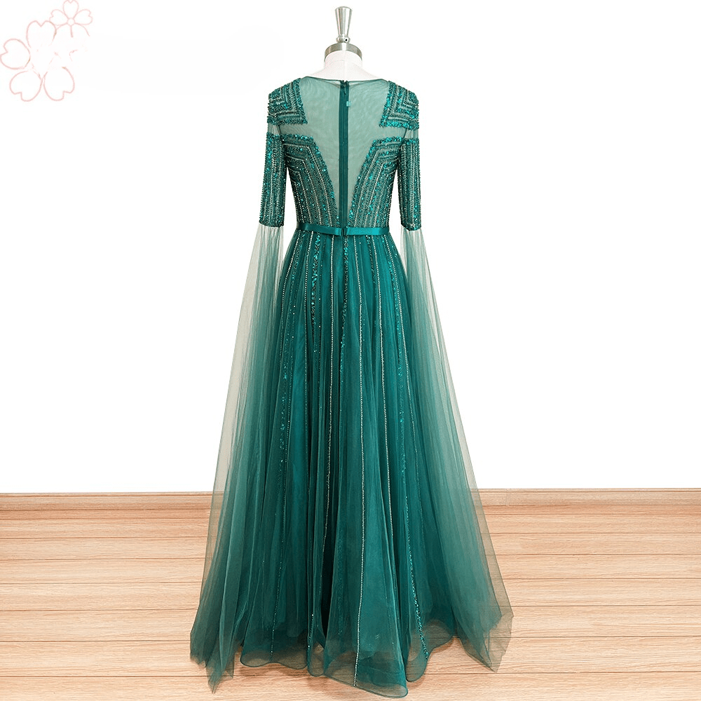 Elegant A Line Beads Sequin Long Cape Sleeves Formal Prom Wedding Party Gowns