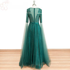 Elegant A Line Beads Sequin Long Cape Sleeves Formal Prom Wedding Party Gowns