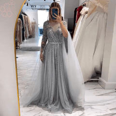 Elegant A Line Beads Sequin Long Cape Sleeves Formal Prom Wedding Party Gowns