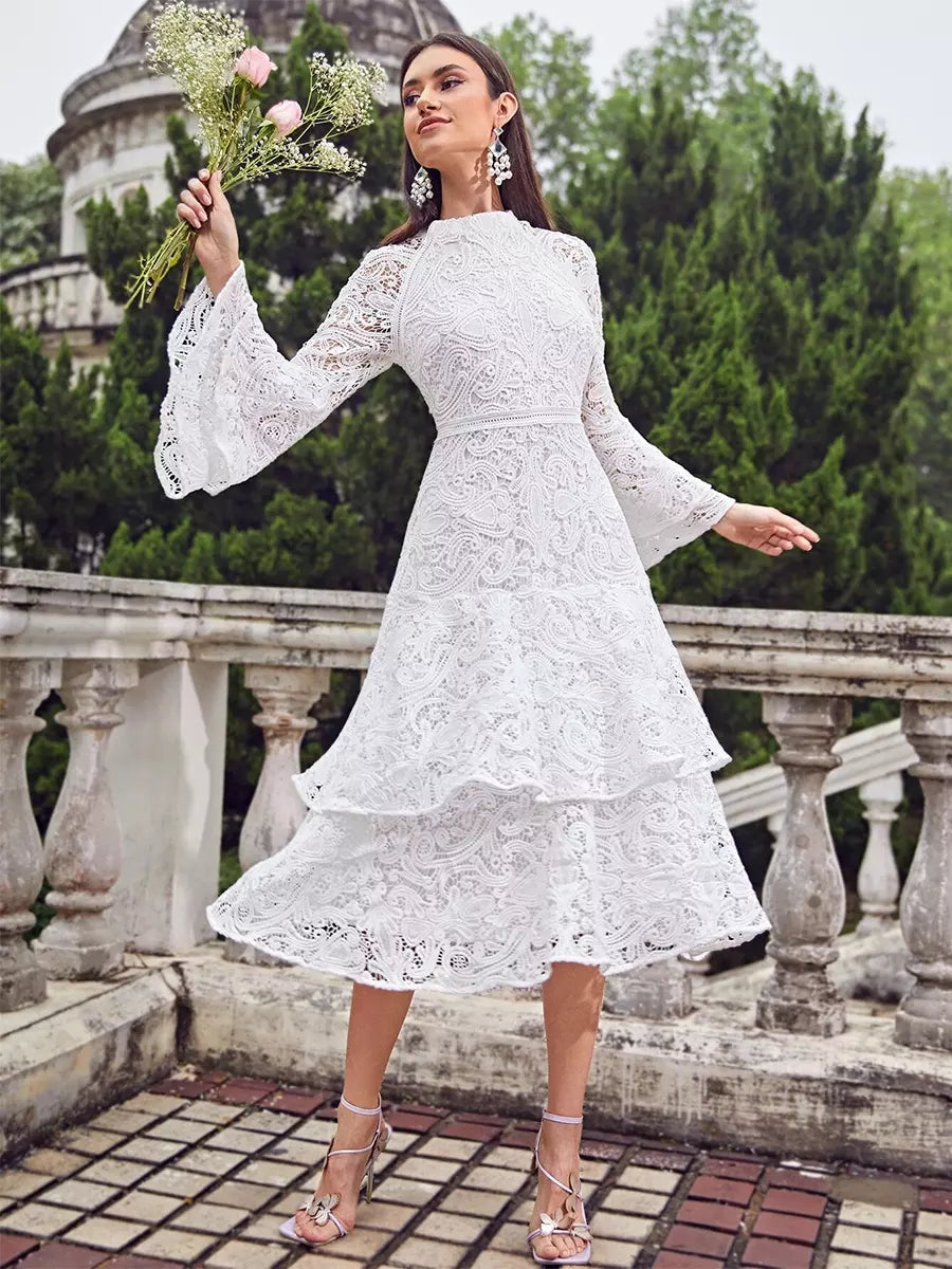 Elegant Long Flared Sleeve Bell Sleeve Layered Zipper Party Midi Lace Dress