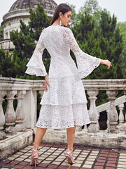 Elegant Long Flared Sleeve Bell Sleeve Layered Zipper Party Midi Lace Dress