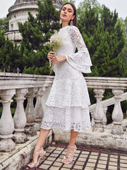 Elegant Long Flared Sleeve Bell Sleeve Layered Zipper Party Midi Lace Dress