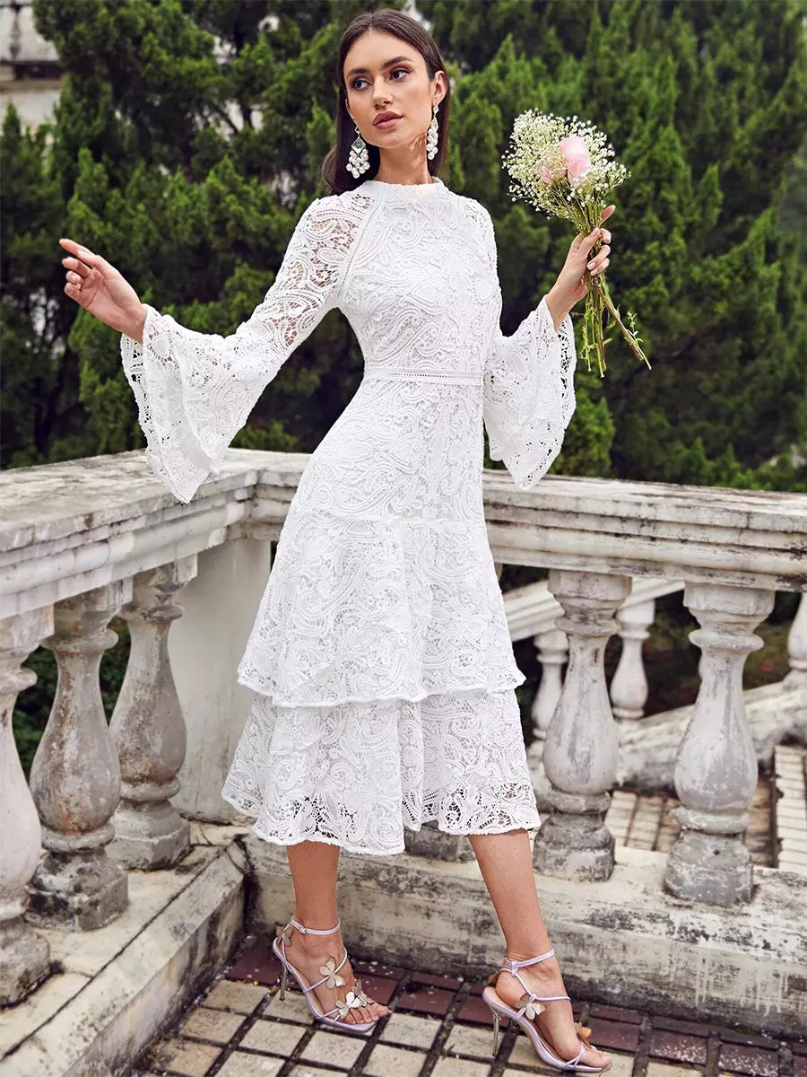 Elegant Long Flared Sleeve Bell Sleeve Layered Zipper Party Midi Lace Dress