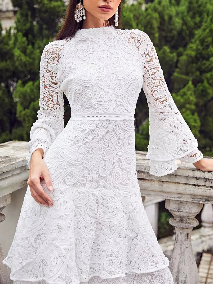Elegant Long Flared Sleeve Bell Sleeve Layered Zipper Party Midi Lace Dress