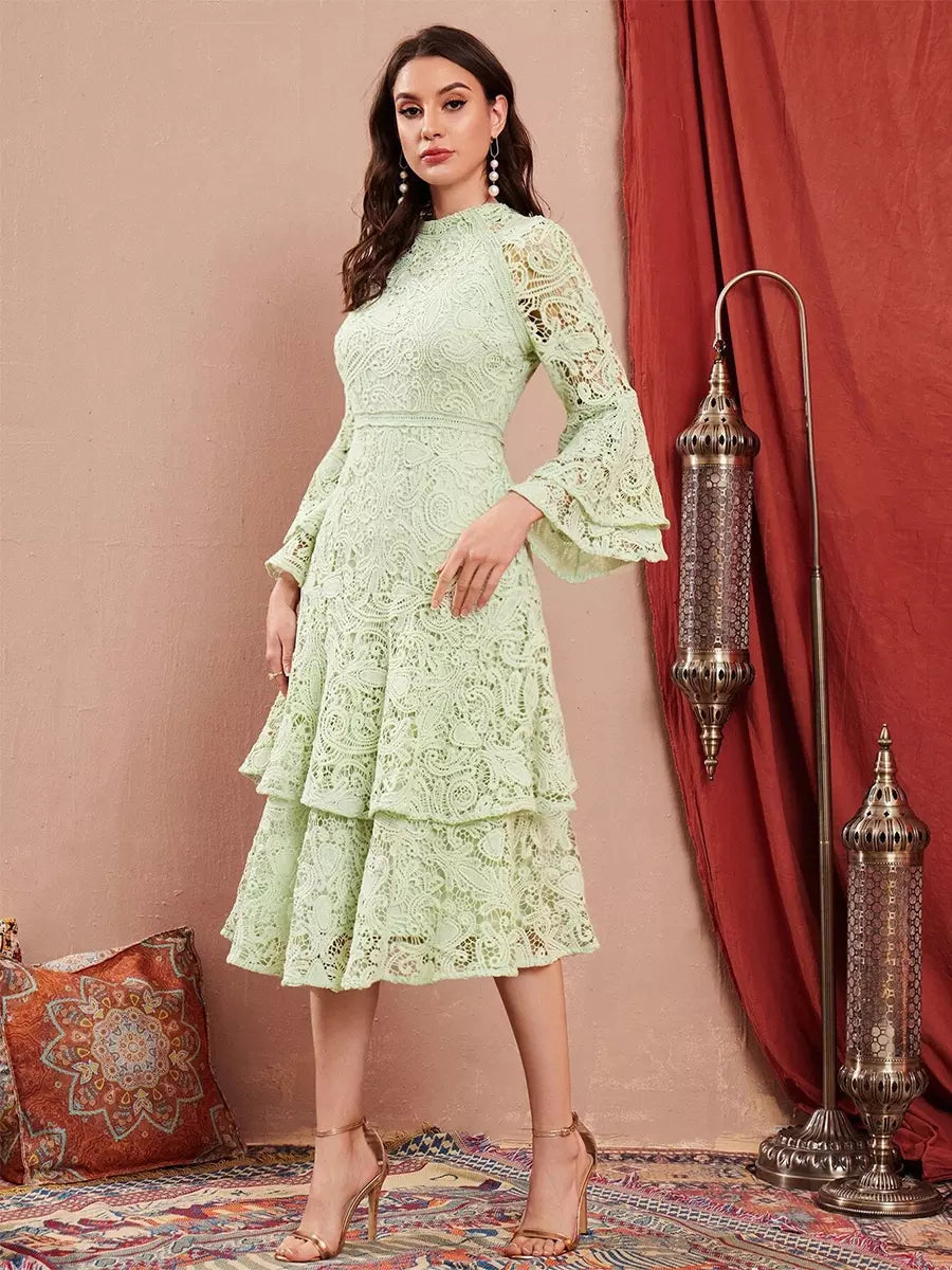 Elegant Long Flared Sleeve Bell Sleeve Layered Zipper Party Midi Lace Dress