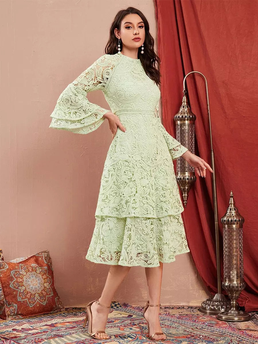 Elegant Long Flared Sleeve Bell Sleeve Layered Zipper Party Midi Lace Dress