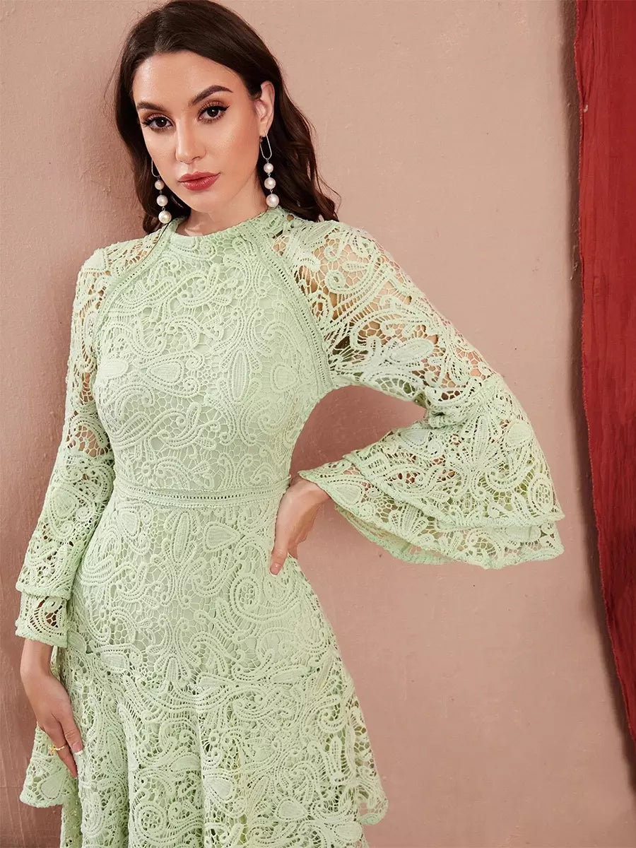 Elegant Long Flared Sleeve Bell Sleeve Layered Zipper Party Midi Lace Dress