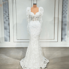 Elegant Long Puff Sleeves Lace Evening Night Dresses