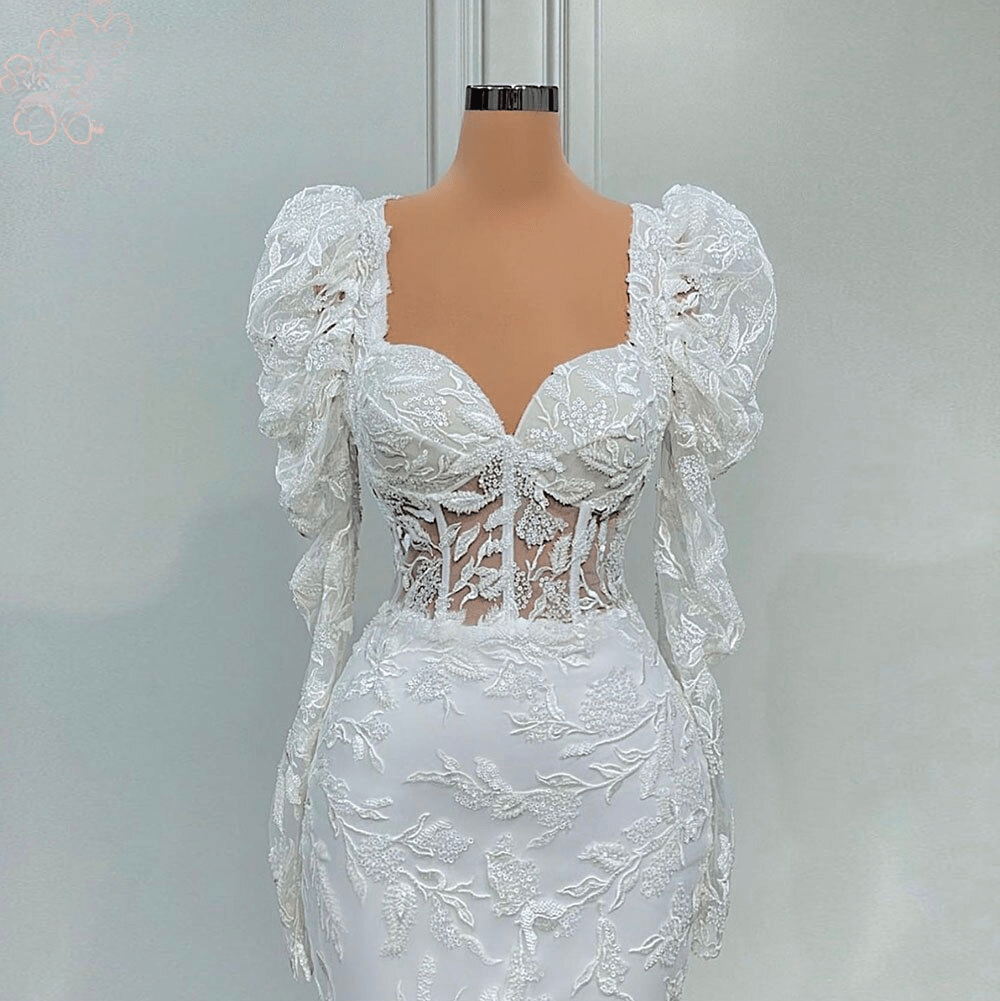 Elegant Long Puff Sleeves Lace Evening Night Dresses
