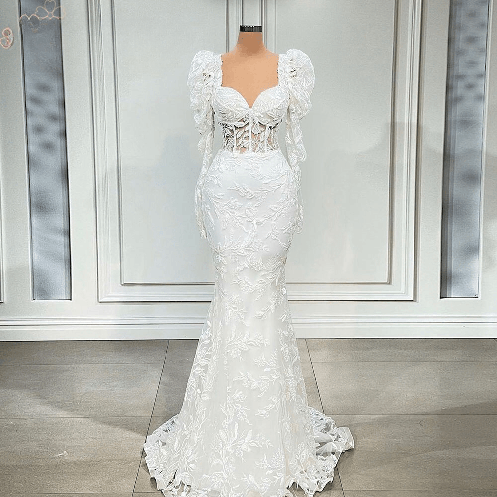 Elegant Long Puff Sleeves Lace Evening Night Dresses