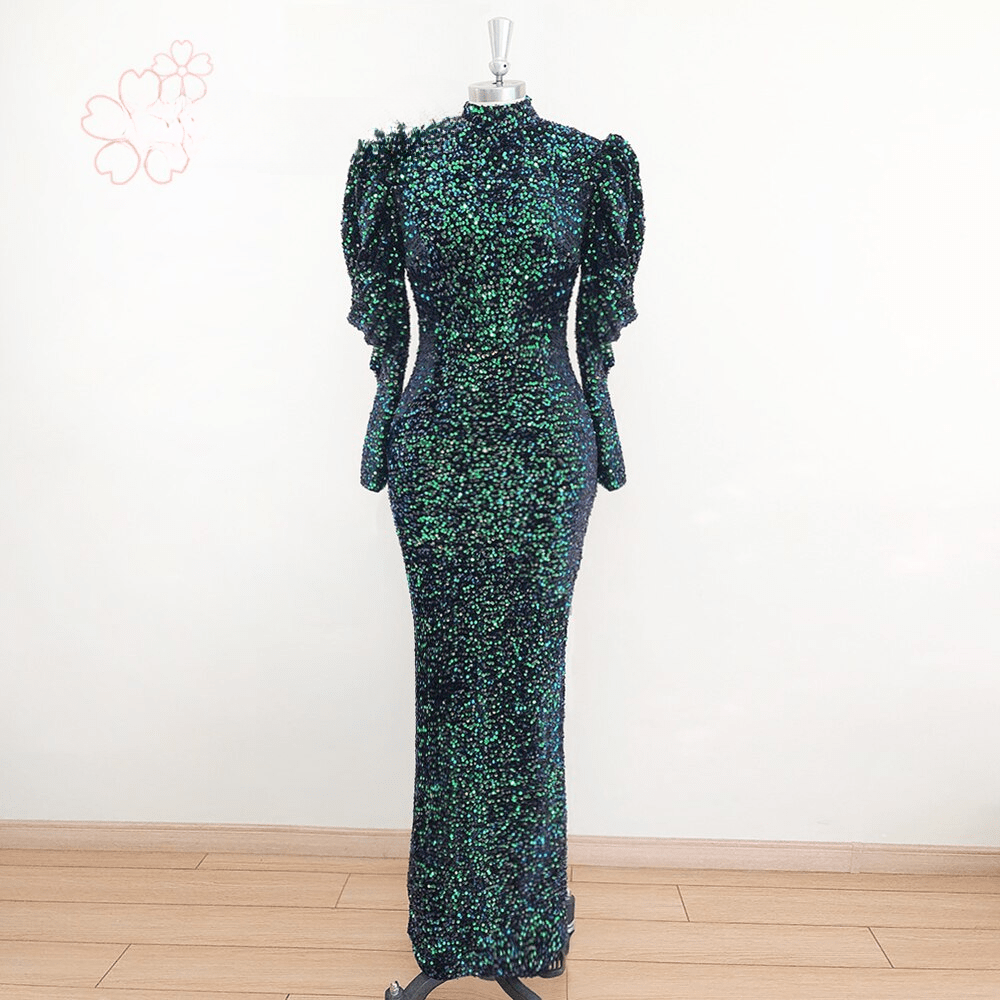 Elegant High Neck Long Puff Sleeves Mermaid Velvet Sequin Wedding Prom Evening Party Gowns