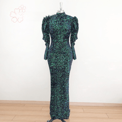 Elegant High Neck Long Puff Sleeves Mermaid Velvet Sequin Wedding Prom Evening Party Gowns
