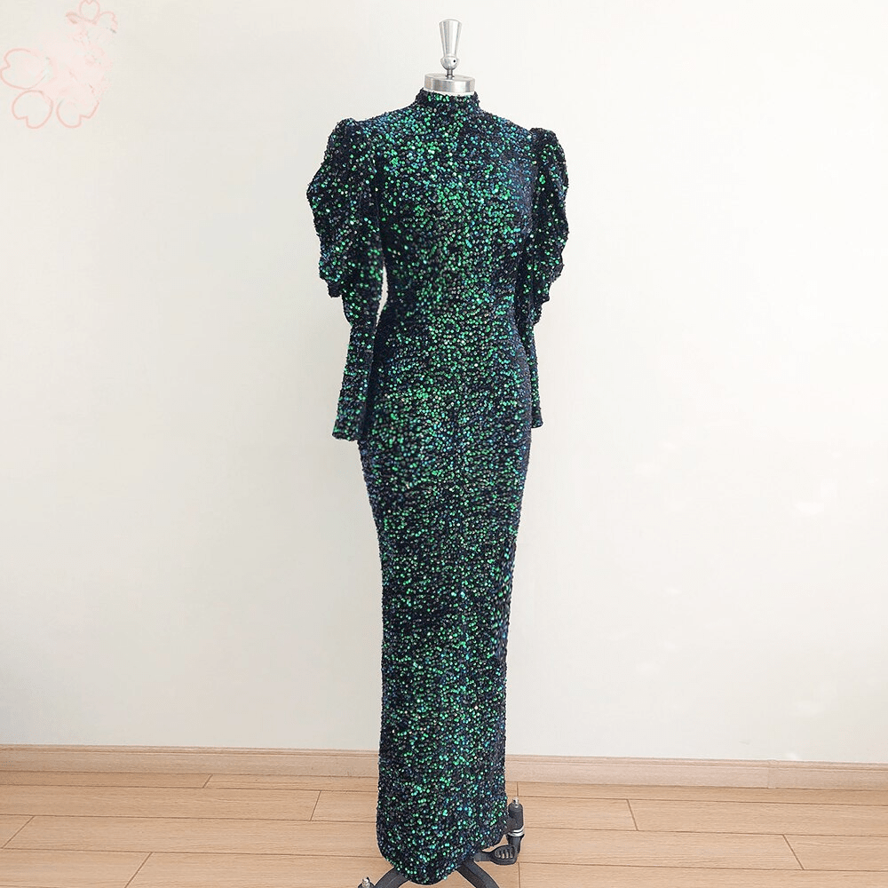 Elegant High Neck Long Puff Sleeves Mermaid Velvet Sequin Wedding Prom Evening Party Gowns