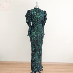 Elegant High Neck Long Puff Sleeves Mermaid Velvet Sequin Wedding Prom Evening Party Gowns
