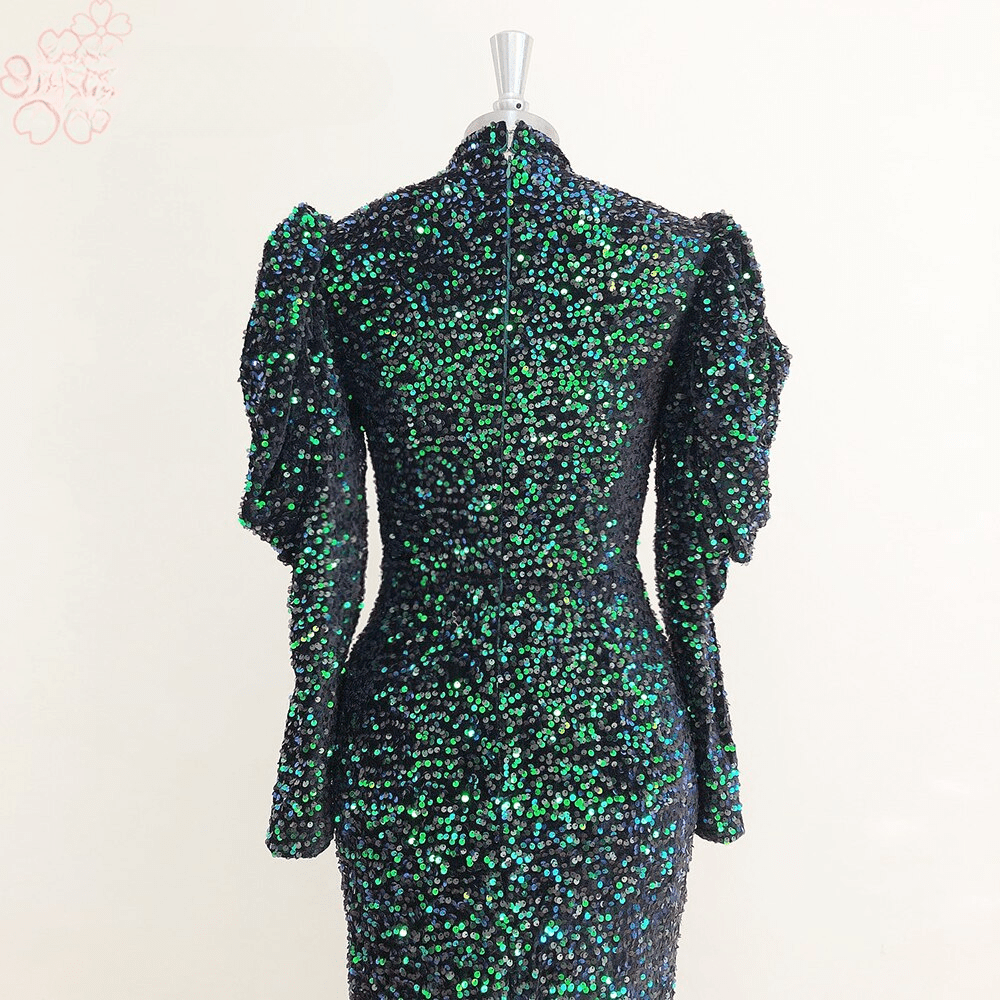 Elegant High Neck Long Puff Sleeves Mermaid Velvet Sequin Wedding Prom Evening Party Gowns