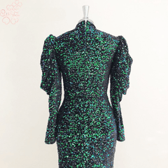 Elegant High Neck Long Puff Sleeves Mermaid Velvet Sequin Wedding Prom Evening Party Gowns