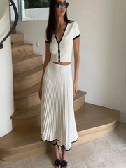 Elegant Long Skirt Suit Short Sleeve Pleated V-Neck 2 piece Crop Top
