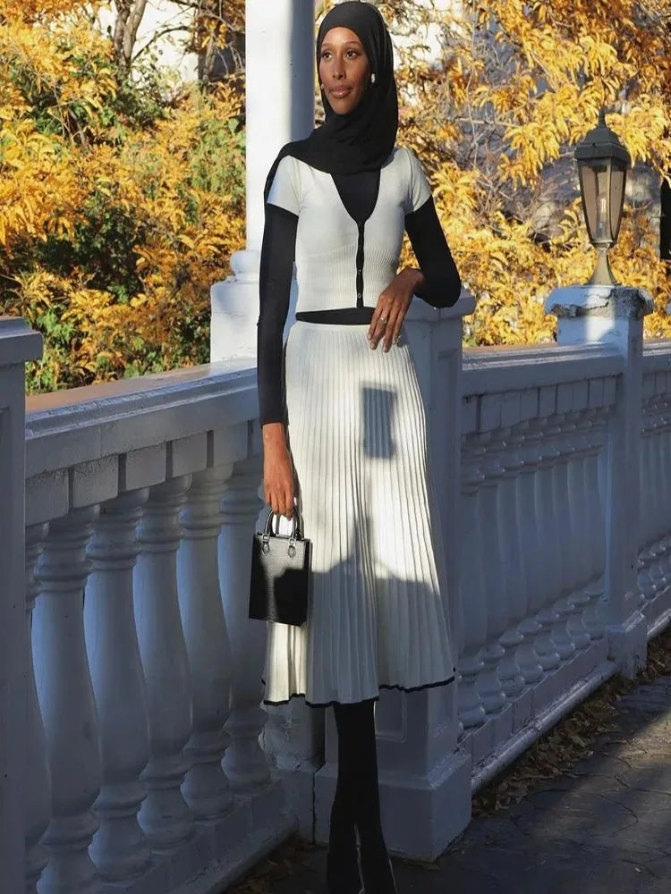 Elegant Long Skirt Suit Short Sleeve Pleated V-Neck 2 piece Crop Top