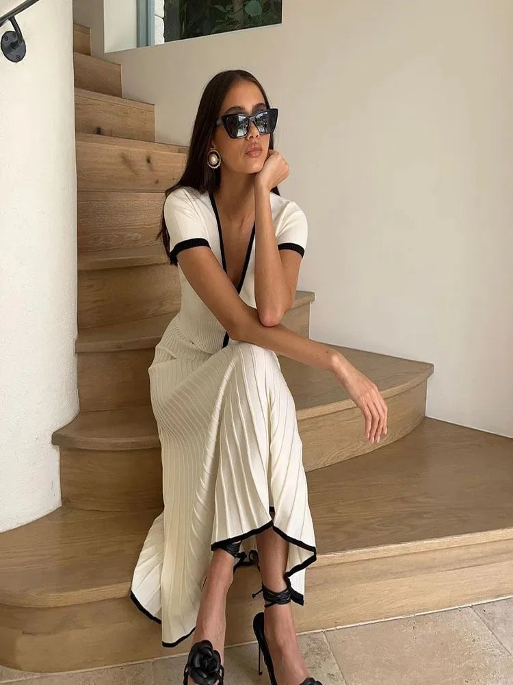Elegant Long Skirt Suit Short Sleeve Pleated V-Neck 2 piece Crop Top