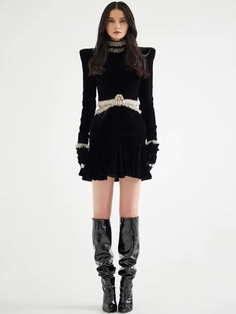 Elegant Long Sleeve Beaded Velvet Hollow Designer Mini Dress