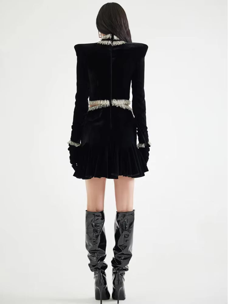 Elegant Long Sleeve Beaded Velvet Hollow Designer Mini Dress