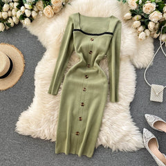 Elegant Long Sleeve Button Elastic Bodycon Sweater Dress