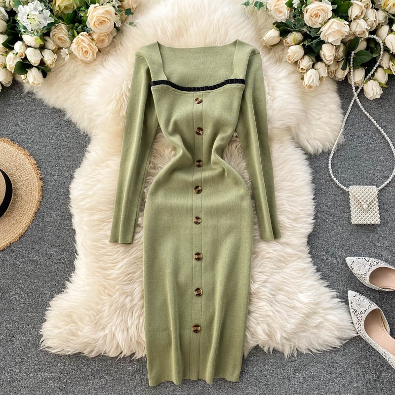 Elegant Long Sleeve Button Elastic Bodycon Sweater Dress