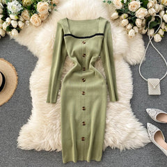 Elegant Long Sleeve Button Elastic Bodycon Sweater Dress