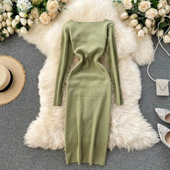 Elegant Long Sleeve Button Elastic Bodycon Sweater Dress