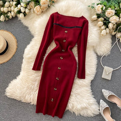 Elegant Long Sleeve Button Elastic Bodycon Sweater Dress