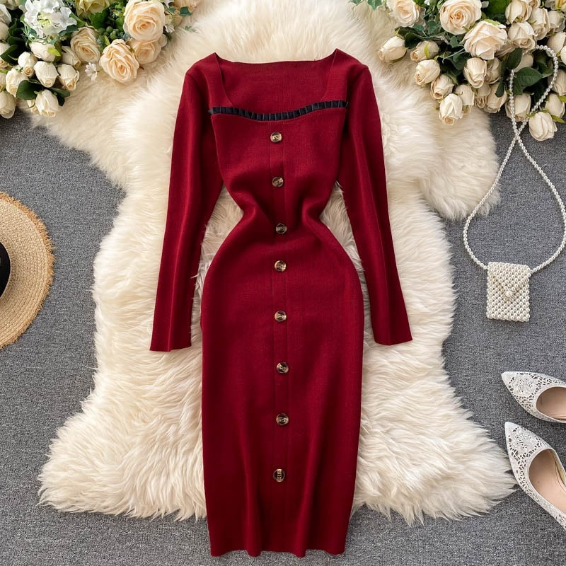 Elegant Long Sleeve Button Elastic Bodycon Sweater Dress