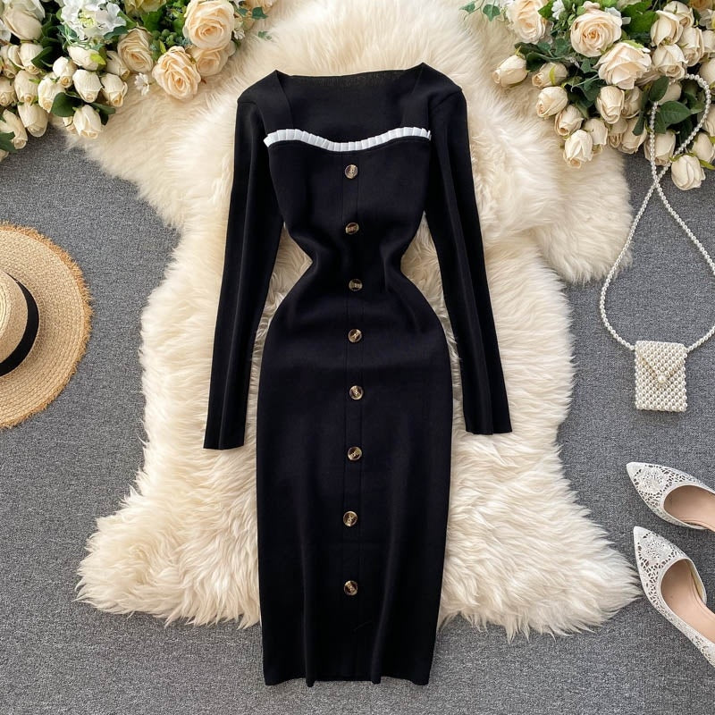 Elegant Long Sleeve Button Elastic Bodycon Sweater Dress