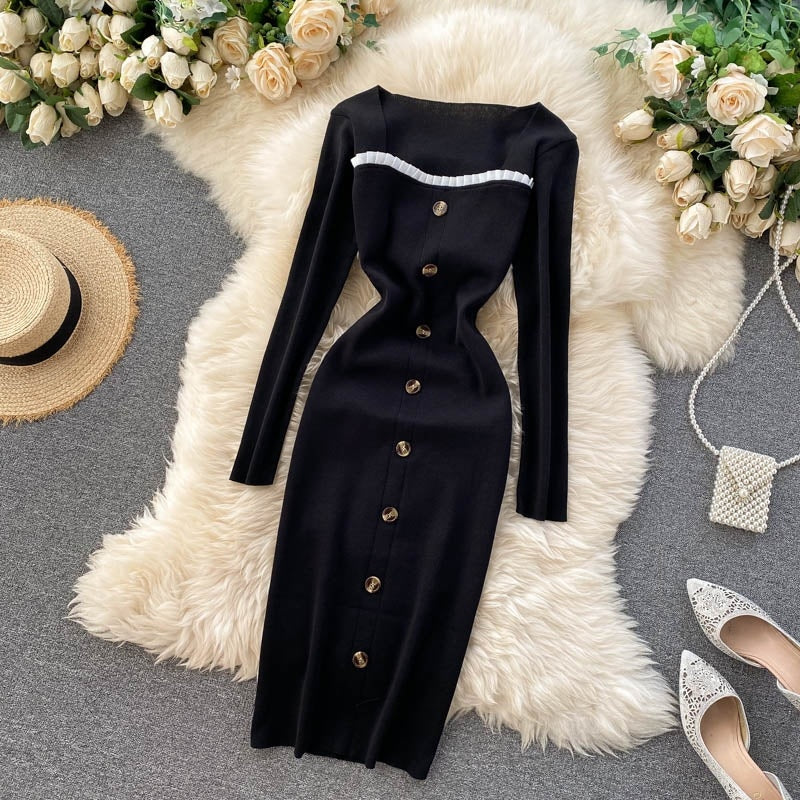 Elegant Long Sleeve Button Elastic Bodycon Sweater Dress