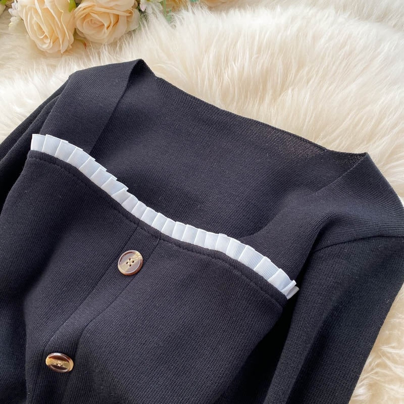 Elegant Long Sleeve Button Elastic Bodycon Sweater Dress