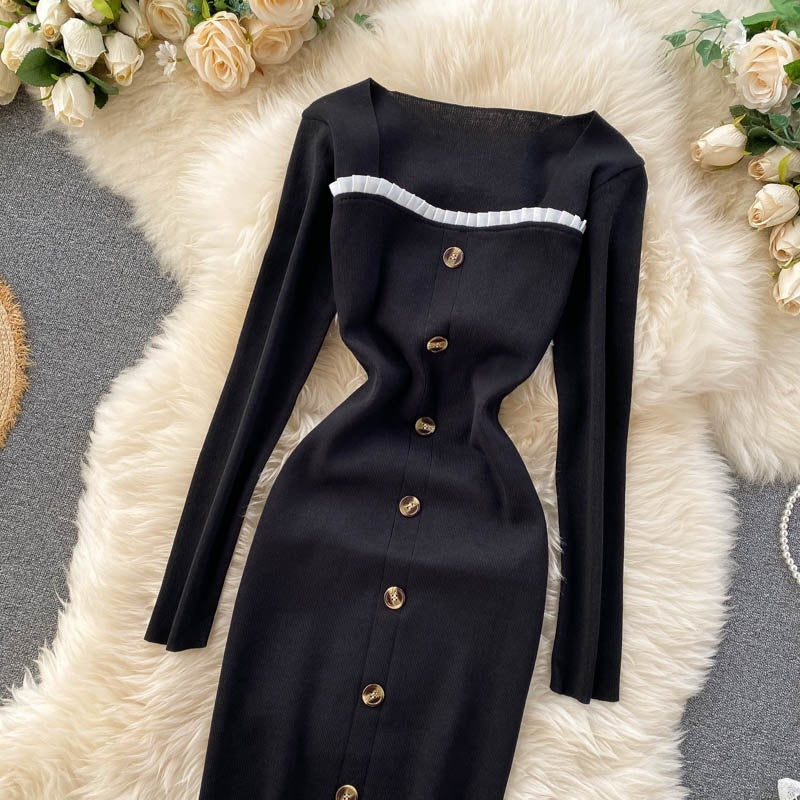 Elegant Long Sleeve Button Elastic Bodycon Sweater Dress